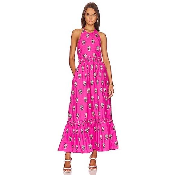 RHODE Hot Pink Marigold Flower Print Halter Style Salena Maxi Dress Size XS - Picture 1 of 15